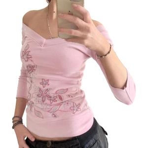 Y2k V Neck Floral Tops Women Fairy Grunge Vintage Long Sleeve Top 2000s Emo Graphic Cute Cloth, M