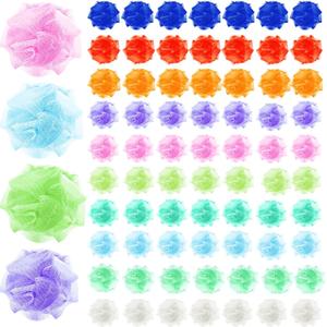 72 Pack Bath Loofah Bulk Travel Size Loofah Mini Sponge Mesh Shower Ball Body Scrubber Exfoliator Shower Bath Pouf Assorted Colors for Kids Women Men Wash Bathroom