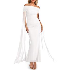 Lrady Wedding Guest Dresses for Women Sexy Off The Shoulder Elegant Formal Cocktail Maxi Dress with Cape (Medium, 4# White)