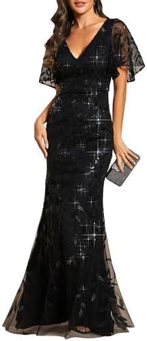Ever-Pretty Women's Sequin Formal Dresses V-Neck Ruffles Sleeves Embroidery A-Line Mermaid Long Evening Dress Size XXL