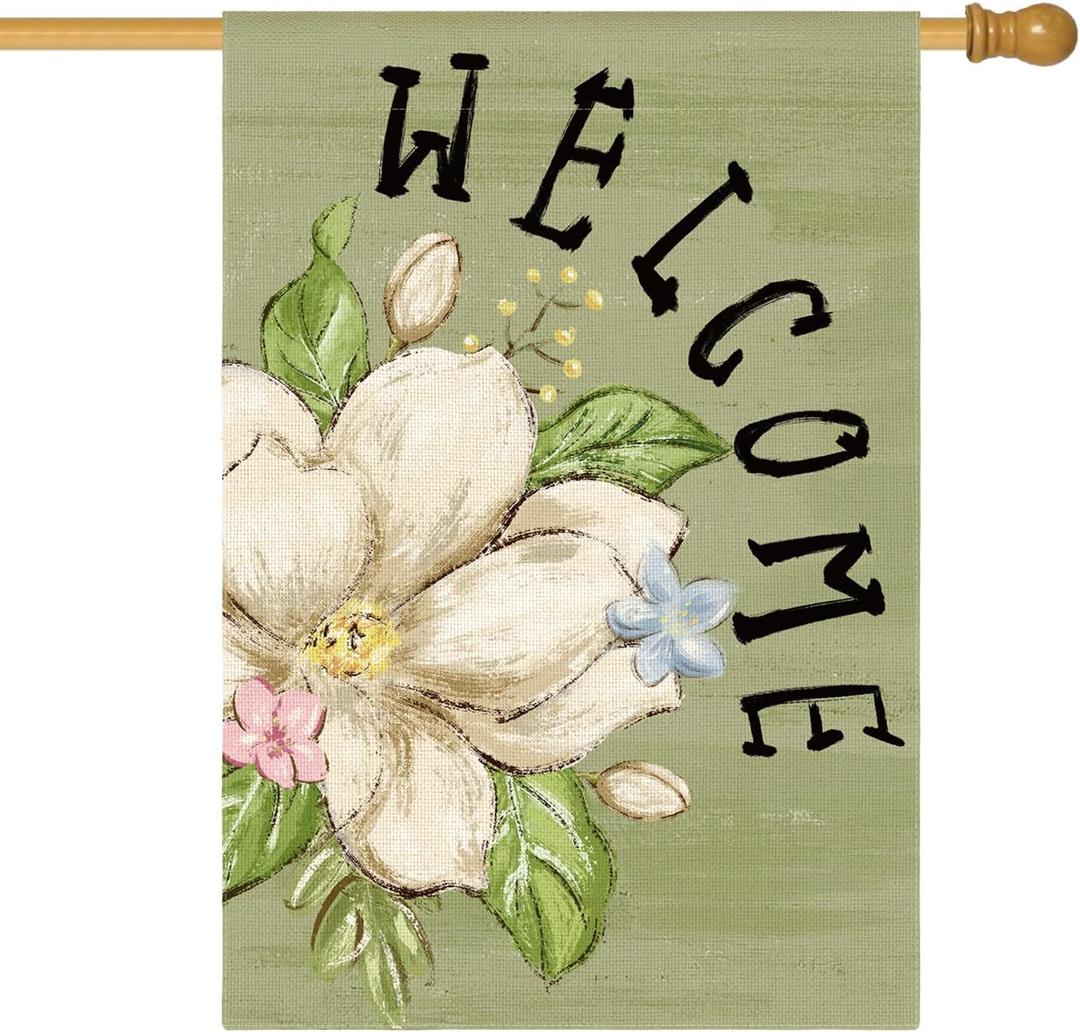 AVOIN colorlife Magnolia Spring House Flag 28x40 Inch Double Sided Outside, Seasonal Floral Welcome Yard Outdoor Flag