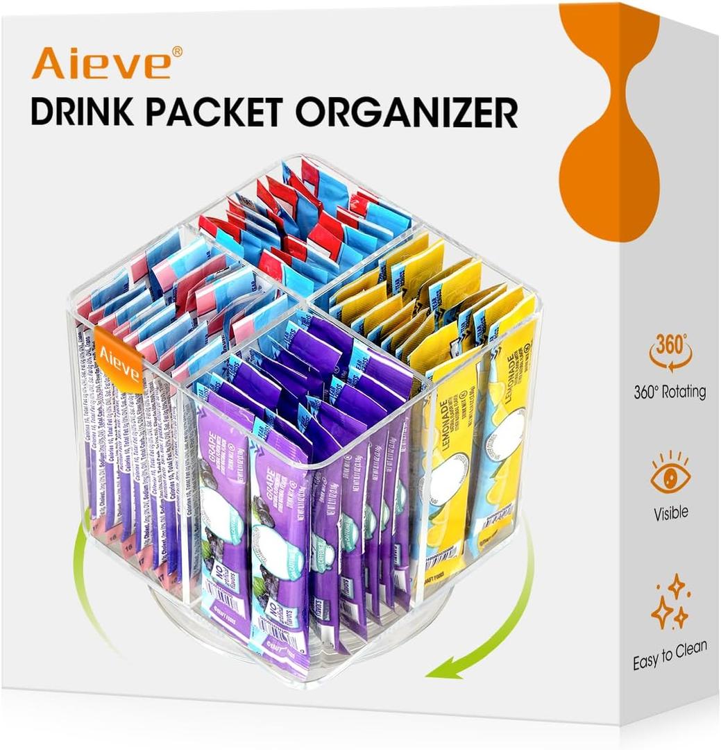 AIEVE Drink Packet Organizer, Lazy Susan Organizer for Water Flavor Packets, Drink Mix Rotating Turntable Sugar Packet Holder Container for Pantry Organizers and Storage, Square