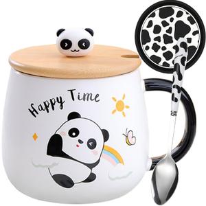 Panda Mug with Lid - 420ML Ceramic Teacup with Spoon & Coaster - Christmas & Birthday Gift for Wife or Girlfriend