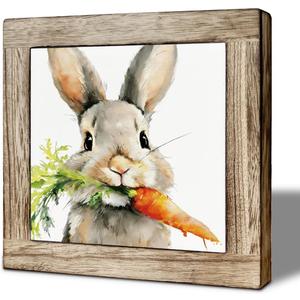Spring Easter Wooden Box Sign, Watercolor Bunny with Carrot Desk Decor, Cute Rabbit Art Wood Sign for Home Office Shelf Farmhouse Tabletop Decor 5.9 x 5.9 Inches