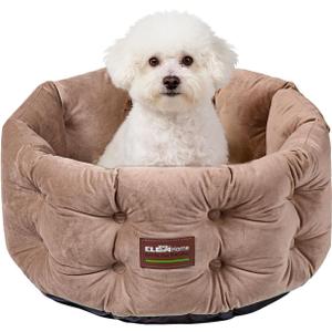 ClevaHome Deep Nest Cat Bed for Small Pets up to 15lbs - Round Cat Beds for Indoor Cats, Luxurious Velvet Feel, Extra High Sides, Machine Washable Comfort Pet Bed with Non-Slip Bottom (Warm Beige)