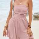 Wenrine Women's Sexy Strapless Summer Mini Dress Sleeveless Smocked A Lined Bubble Wedding Club Party Dress (Pink)