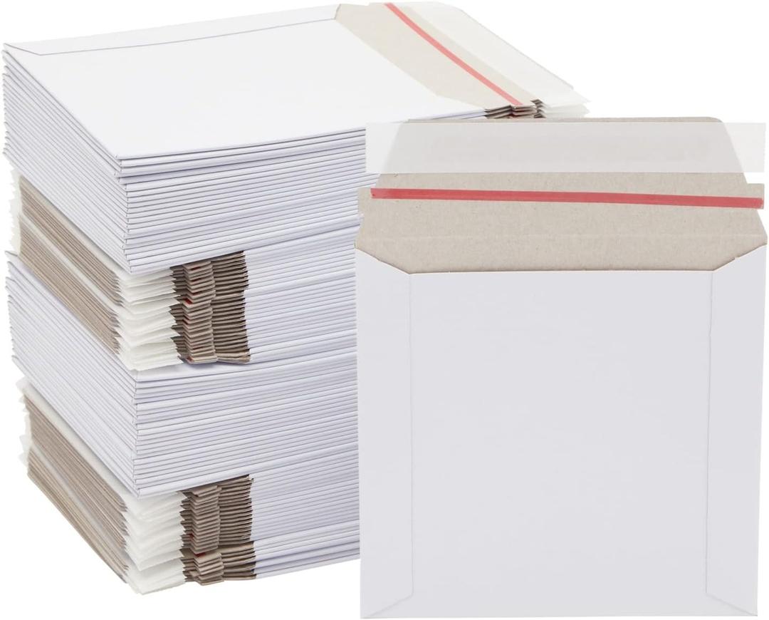 100 Pack 6x6 Rigid Mailers - 450 GSM Thick and Sturdy - Self Sealing Stay Flat Cardboard Envelopes for Mailing CDs, DVDs (White) - Cardboard Mailers