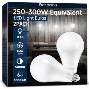 250 watt-300 watt Equivalent LED Light Bulbs, 3000 Lumens Daylight White 5000K 30W A30 LED Bulbs for Garage, Warehouse, Workshop, Commercial, Office, Backyard, E26 Base Light Bulb Non-Dimmable, 2-Pack