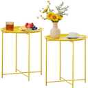 2 x VECELO Side/End Table, Folding Round Metal Anti-Rust and Waterproof Outdoor or Indoor Tray for Living Room Bedroom Balcony and Office, 2 PCS, Yellow