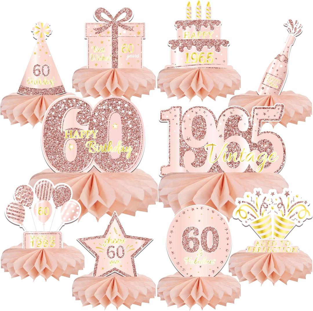 4 x 10PCS 60th Birthday Decorations Centerpieces for Table Decorations, 2025 Vintage 1965 Honeycomb Table Topper Back in 1965 Birthday Party Decoration for Women (Rose Gold & Black, 60 Years)