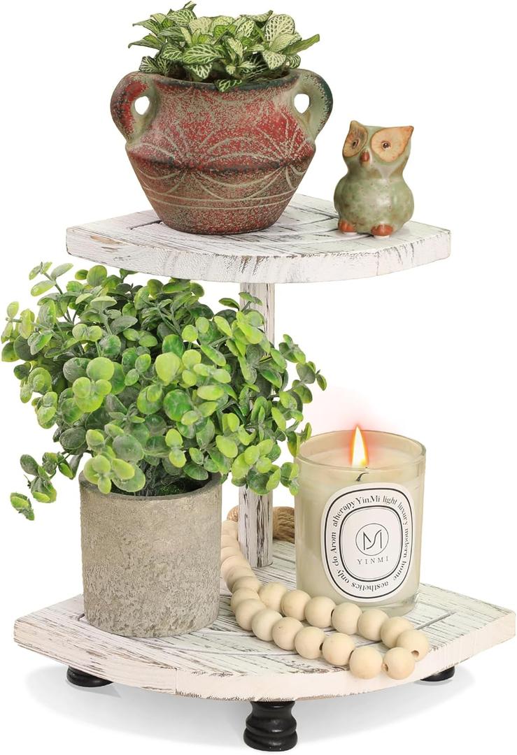 Tikea Decorative Wood Riser for Display, 2-Tier Farmhouse Corner Shelf for Kitchen Bathroom Counter Decor, Farmhouse Riser for Soap Dispenser, Decorations and Plant (White)