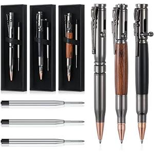 Crtiin 3 Sets Bolt Bullet Pens for Men Bullet Pen for Collector Lover with Gift Box and Black Ink Refills Christmas Thanksgiving Party Gifts(Wood Gray Black)