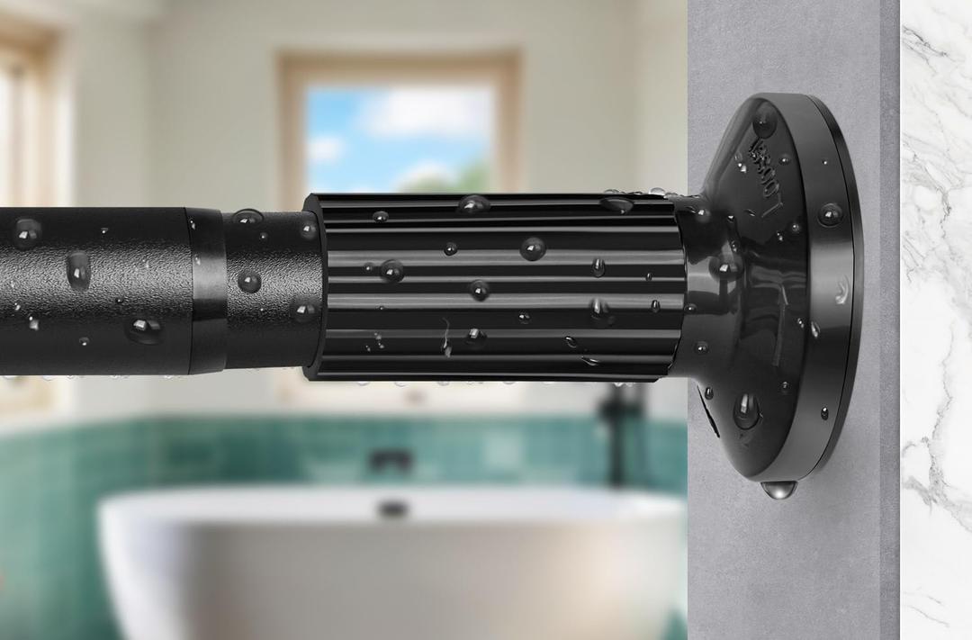 Tension Shower Curtain Rod 51-86In(4.25-7.16Ft), Tension Shower Rod No Drilling for Bathroom or Window Closet, Adjustable Spring Shower Rod, Easy to Install Never Rust, Rod Diameter 1.26Inch-Black