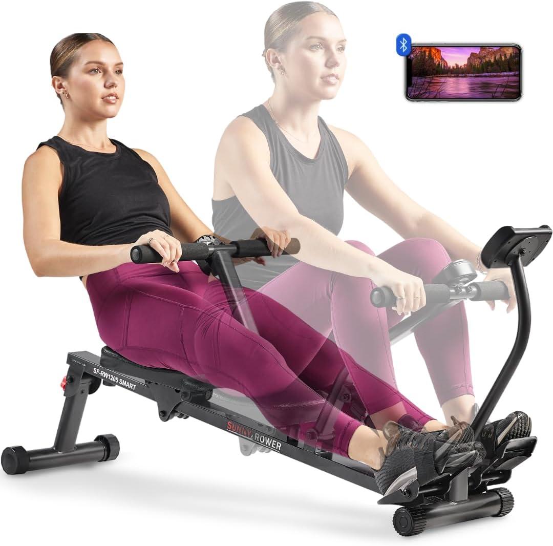 Sunny Health & Fitness Compact Adjustable Rowing Machine with 12 Levels of Resistance for Complete Body Workouts and Optional Free SunnyFit App Enhanced Connectivity, Smart 