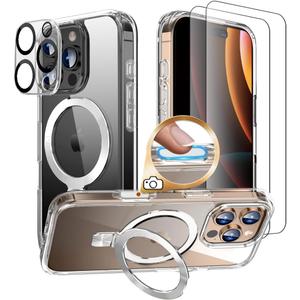 6 in 1 for iPhone 16 Pro Max Case with Stand [Compatible with Magsafe] [Anti-Yellowing] [Camera Control Button] Military-Grade Magnetic Phone Case Slim Cover for i phone16 Pro Max Case, Clear