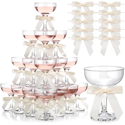 Zopeal Set of 30 Plastic Martini Glasses 5 oz Champagne Flutes Margarita Cocktail Glasses with Bow 2.8 Inch for Valentines Birthday Bachelorette Party Home Bar Wedding Champagne Towers (Light Yellow)