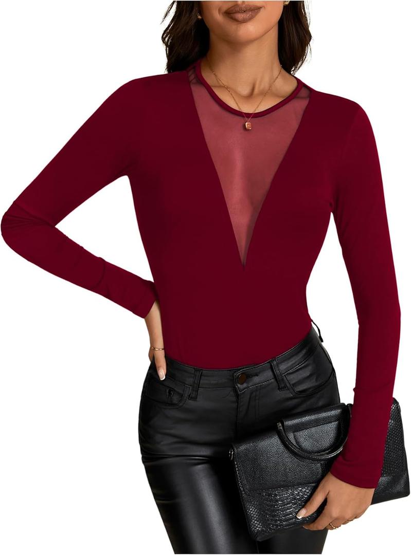 OYOANGLE Women's Slim Fit See Through Contrast Mesh Long Sleeve Tee Tops (Medium, Burgundy)