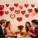 Valentines Day Decorations, 16PCS Glitter Hanging Hearts Decorations w/Mixed Sizes, Double-Sided Thick Paper Red Heart Ornaments, Valentines Decor for Home Office Window Wall Party Favors