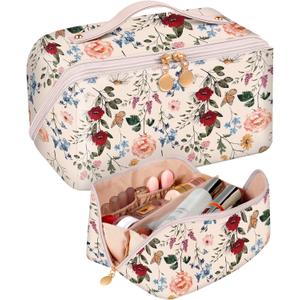 Bistup Makeup Bag Travel Cosmetic Bag Toiletry Make Up Bags Cute Women Large Capacity Big Medium Leather Flower Floral Aesthetic Girl Teen Teenage Foldable Expandable Open Flat Zip (3-Vintage Floral)