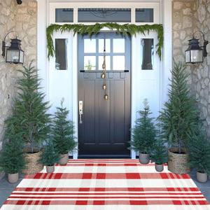 Christmas Door Mat Outdoor 3' x 5' Red and White Plaid Rug Christmas Decor Rug Cotton Hand-Woven Layered Door Mats Washable Carpet for Front Porch, Kitchen, Farmhouse, Entryway (3' x 5')