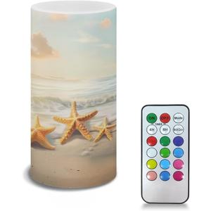 Poceacles Beach Starfish Gold Flameless LED Candle Auto-Moving Wick Effect Votive Tealights Realistic Pillar Candle with Remote 4H 8H Timer Color Changing for Home Indoor Coastal Decoration