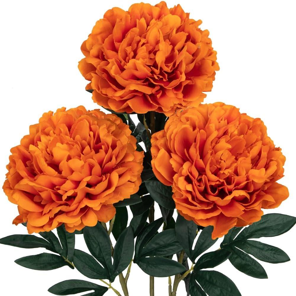 3PCS Fall Flowers Artificial for Decoration, 30'' Long Stem Fake Peony Silk Flowers Real Touch Autumn Floral Centerpieces for Home Office Tables Vase Arrangements Baby Shower Wedding Party (Orange)