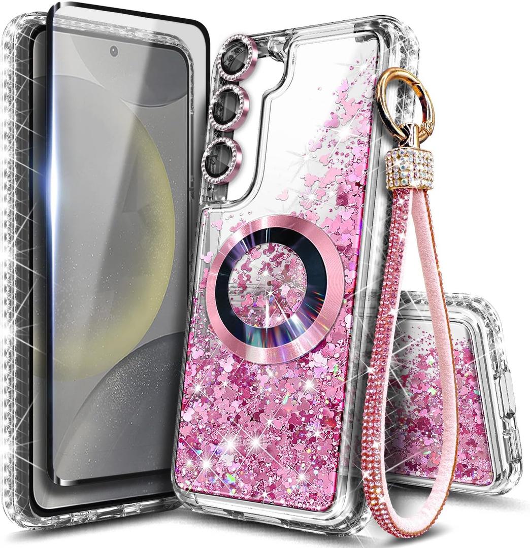 NGB Case for Samsung Galaxy S23+ (Plus), Rose Gold | Magnetic Compatible with MagSafe | Glitter Liquid Sparkle Cute Cover for Women Girls | with Screen Protector & Camera Lens Protector & Wrist Strap
