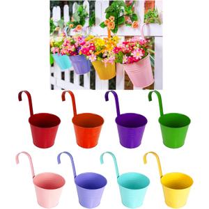 8 Colours Metal Hanging Flower Pots, 6.3" Hanging Flower Buckets on Hooks, with Drainage Hole (8 Pack, L)