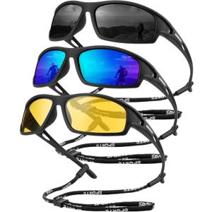Polarized Sunglasses Men, Sports Sun Glasses Womens UV400 Protection for Fishing Running Driving (Black/Ice Blue/Night Vision)
