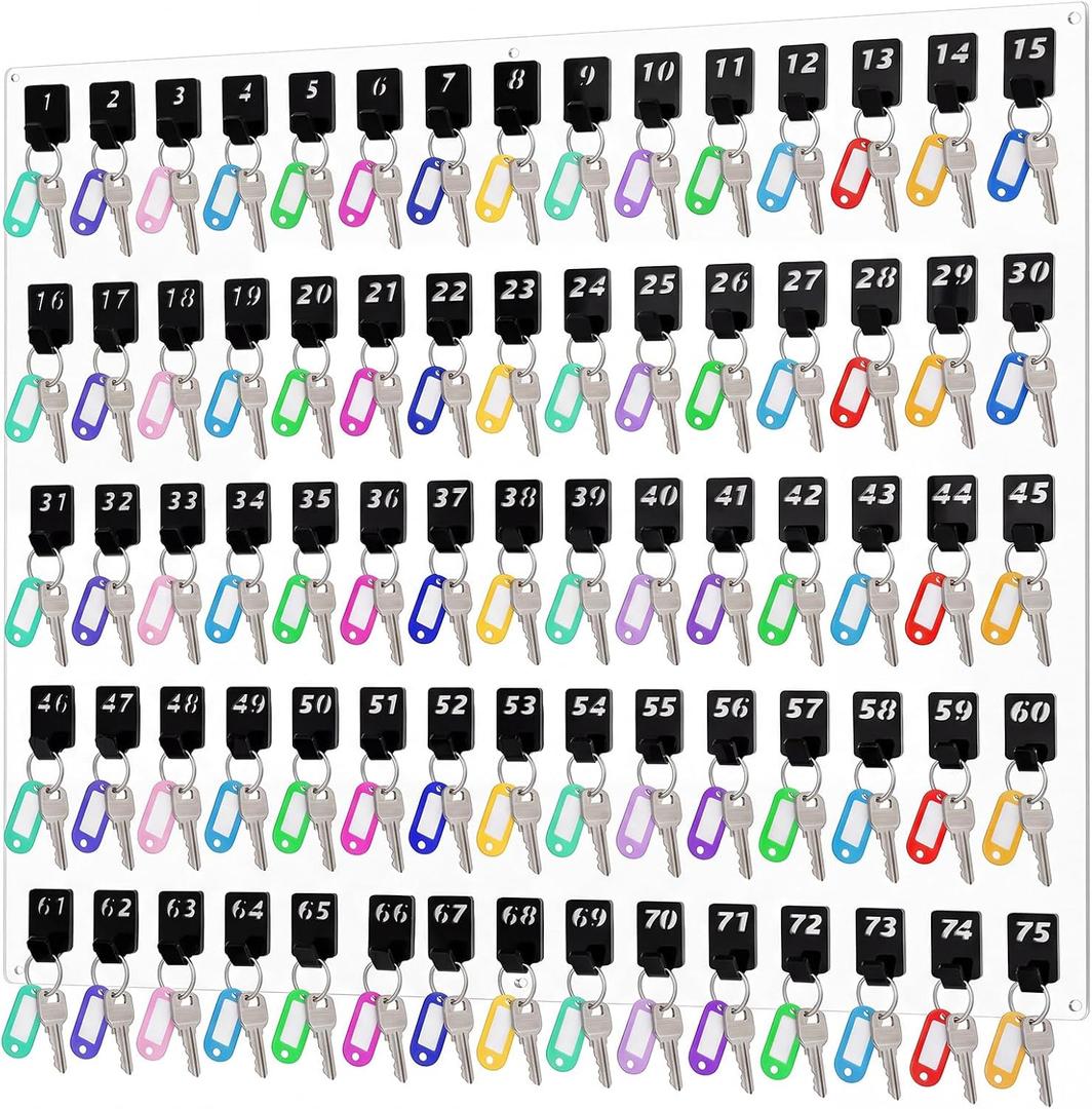 Beeveer Acrylic Key Holder Board with 75 Hooks, Wall Mount Organizer, Clear | Ideal for Offices, Schools, Hotels and Dealerships, Durable Acrylic Construction, Numbered Key Slots, Easy Wall Mount Design