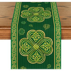 Artoid Mode Green Stripes Shamrocks St. Patrick's Day Table Runner, Seasonal Spring Kitchen Dining Table Runner for Home Party Decor 13x90 Inch