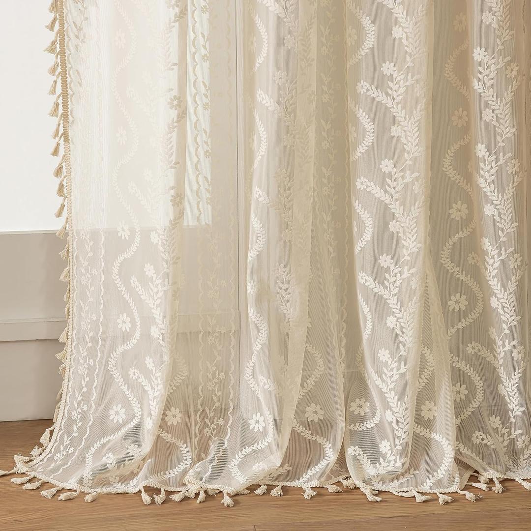 WAZZIO Boho Lace Curtains 2 Panels 63 Inches -Cute Vintage Victorian Sheer Panel Drape French Country Floral Pattern & Tassel Light Filtering Privacy for Bedroom Dining Living Room,Beige,W52x L63