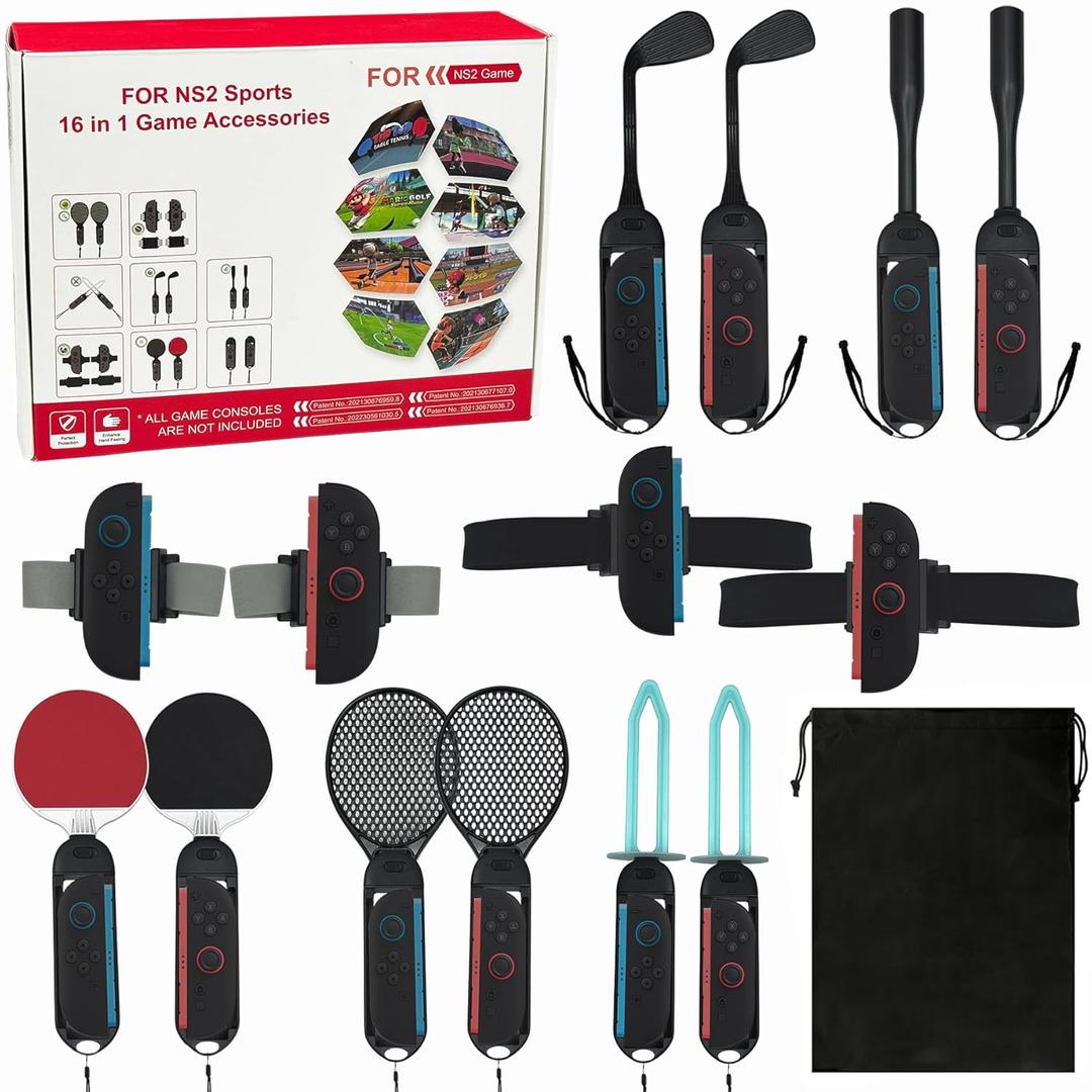arVin Switch 2 Sports Accessories Bundle for Nintendo Switch 2(2025),16 in 1 Switch 2 Family Sports Party Games Accessories Kit with Joycon Grips/Leg&Wrist Straps/Golf Clubs/Baseball Bat/Tennis Racket