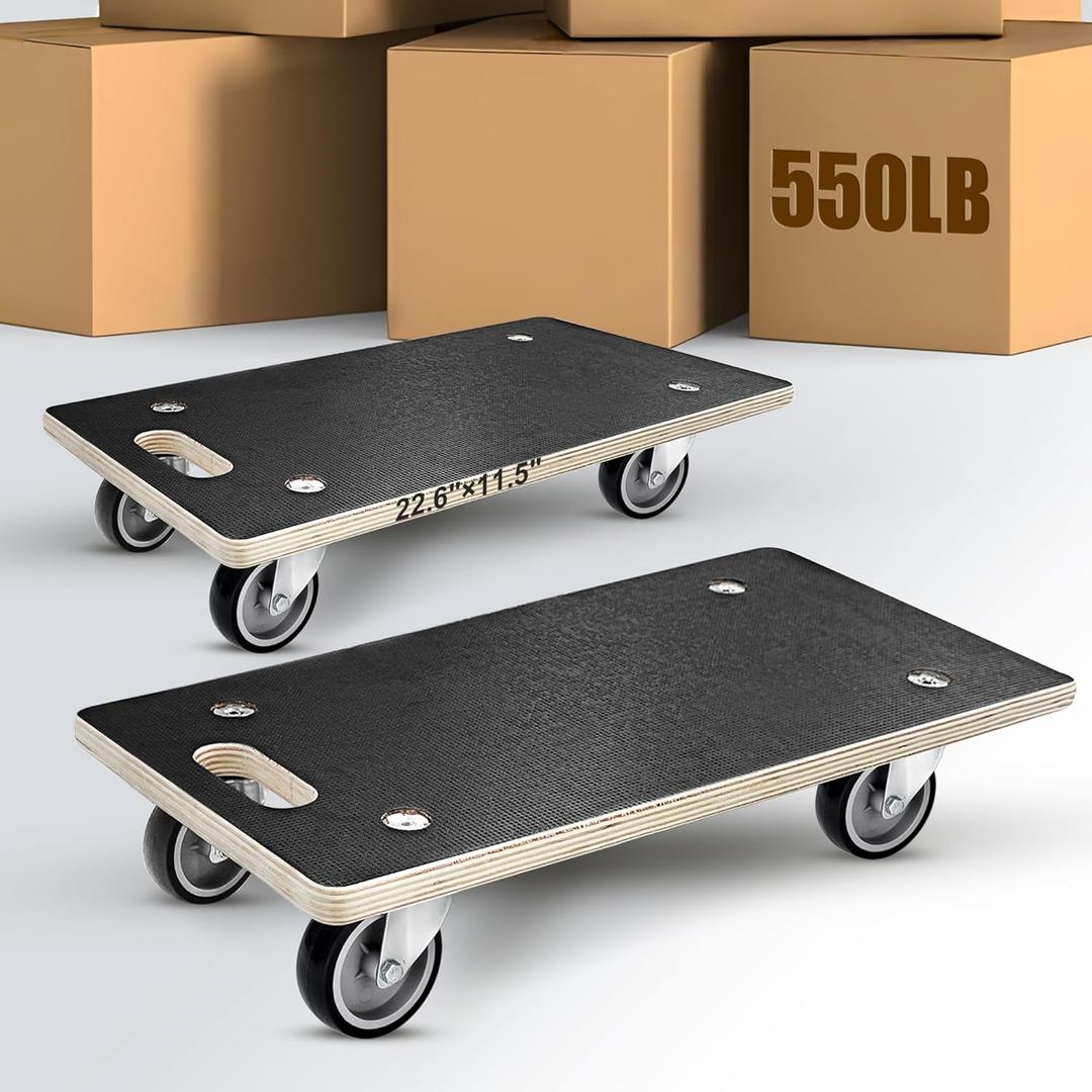 1100LB Heavy Duty Rectangle Moving Dolly Cart - 2-Pack with 3" TPR Silent Wheels, Non-Slip 11-Layer Plywood Platform, No Assembly Needed - for Furniture, Warehouse, Home & Commercial Use