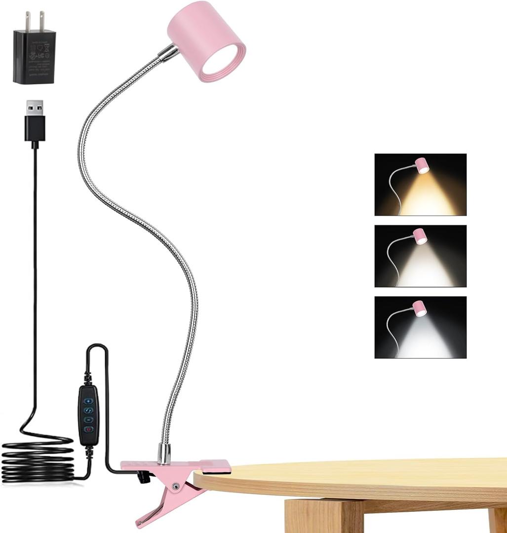Reading Light, 3 Modes & 10 Brightness Clip on Light, Desk Lamp, Eye Caring Reading Lights for Books in Bed, 360Gooseneck Clamp Light, Clip on Light for Bed Headboard, Book Light With Memory Function (Pink)
