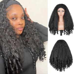 Afro Kinky Curly Headband Wigs for Black Women, Synthetic Yaki with Bouncy Curls in the Ends, 22 Inch Black Curly Wear and Go Glueless Wig, Ready to Wear Wigs as Human Hair (#1B, 22 Inch)
