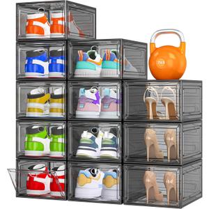 12 Pack Clear Shoe Storage Organizer with Magnetic Door, Stackable Plastic Shoe Boxes for Sneakers, Boots, and Heels, Space-Saving Foldable Shoe Rack for Closet, Durable Shoe Cabinet Organizer, Black