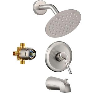 Tub Shower Faucet Set (Valve Included) with 6-Inch Rain Shower Head and Tub Spout Single-Handle Tub and Shower Trim Kit Brushed Nickel