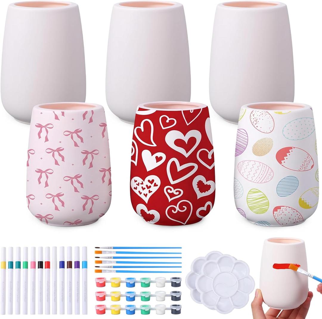 Funrous 6 Sets Paint Your Own Vases White Ceramic Painting Kit with Brushes Watercolor Palette Markers for Adult Paintable Porcelain Vase Decorations DIY Art Craft Supplies Birthday Party Activities