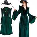 Professor Witch Costume Adult Women Dark Green Velvet Dress Wizard Plus Size Costumes Outfit for Halloween Cosplay (XX-Large)