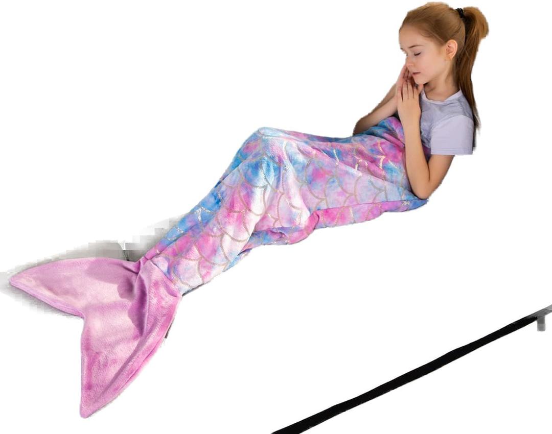 Toddler Mermaid Tail Blankets Glittering Cozy Soft Flannel Rainbow Colorful Gifts All Season for Toddlers/Kids (Purple Pink)
