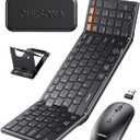 CHESONA Foldable Keyboard and Mouse Combo - Ultra Slim 600g with 2.4G+Dual Bluetooth Compact Wireless Folding Keyboard with Stand - Portable for Business/Travel with Case - Win/Mac/iOS/Android - Black
