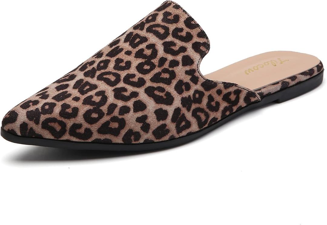 Tilocow Mules for Woman Comfortable Pointed Toe Backless Loafers Flat Mule Business Casual Shoes Slides Slip on (7.5, C Light Leopard Suede)