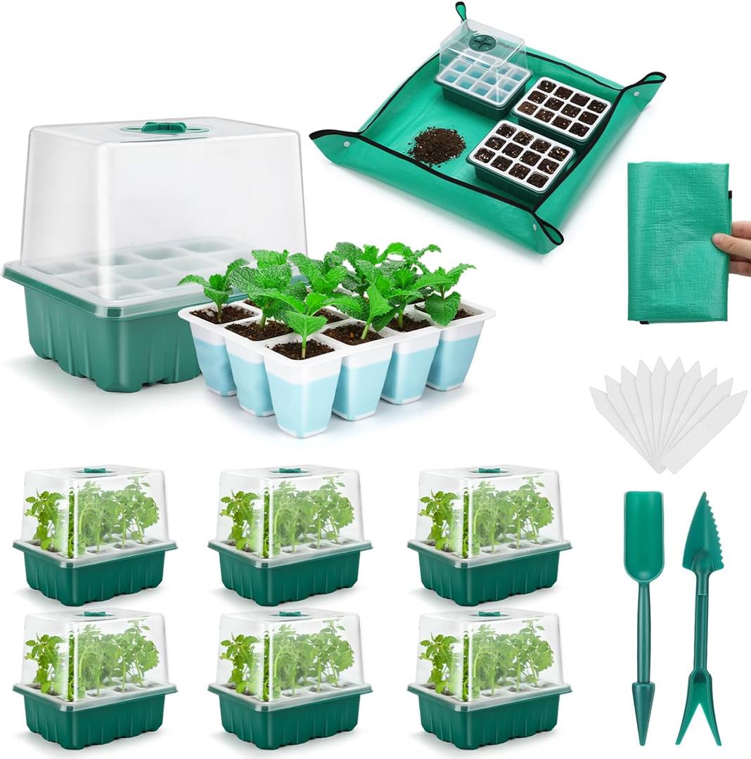 Hanaoyo Reusable Seed Starter Tray with 72 Soft Silicone Cells, 6 Pack Seed Starter Kit with Repotting Mat, Humidity Dome and High Lid, Germination Trays for Indoor Greenhouse Seed Starter