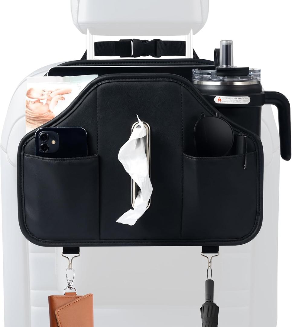 Upgraded Car Tissue Holder,Car Seat Back Organizer With Cup Holder,Premium PU Leather Headrest Seat Back Storage Fits For Kleenex Tissue Box (50-230ct) (1PCS)