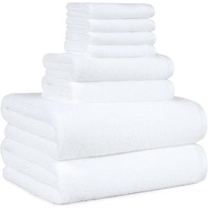 Amazon Basics 100% Cotton Soft Quick-Dry 8-Piece Towel Set, Bath Towels, Hand Towels, Washcloths, White, Compact & Lightweight