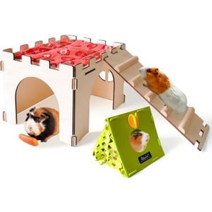 Guinea Pig Hideout, Large Wooden Guinea Pigs House with Stairs and Mats, Detachable Guinea Pig Castle Hide for Small Animals Hamster Chinchilla Ferret Habitats Accessories