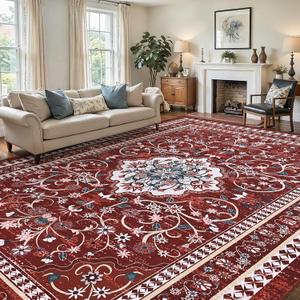 BLEUM CADE 8' x 10' Red Boho Washable Rugs for Living Room