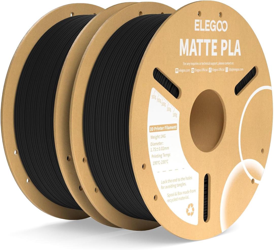 ELEGOO Matte PLA Filament Matte Black 2KG, 1.75mm 3D Printer Filament Dimensional Accuracy +/- 0.02mm, 2pcs 1kg Carboard Spool (2.2lbs) for Most FDM 3D Printers (Black-2 Pack)