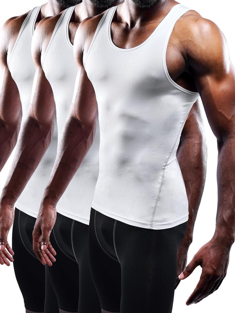 NELEUS Men's Athletic 3 Pack Compression Tank Top Dry Fit Undershirts, White, L, EUR XL